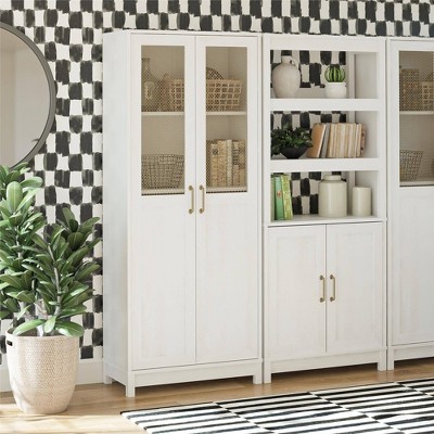 Ivory Oak 2-Door Storage Cabinet with Gold Mesh Doors