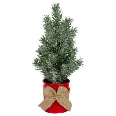 Northlight 12" Frosted Upswept Mini Christmas Tree with Red Tin Base and Burlap Bow - Unlit