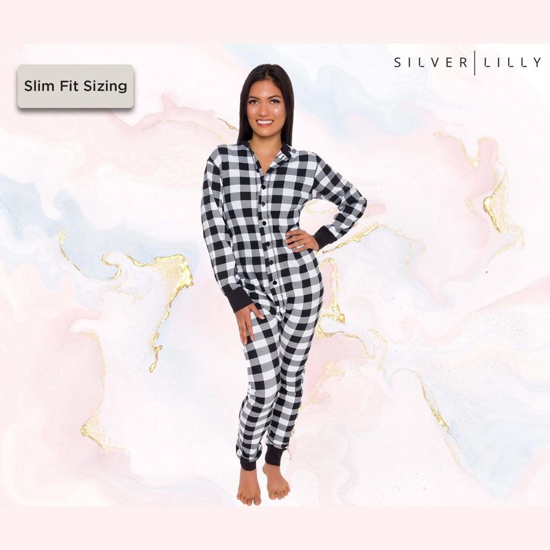 Silver Lilly - Slim Fit Women's Buffalo Plaid One Piece Pajama Union Suit with Functional Panel, 4 of 8