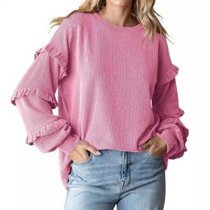 Coolmee Women's Blouse V Neck Long Sleeve Blouse Loose Ruffles Off Shoulder Waffle Knit Solid Color Tops Fall Tee Shirts - 1 of 4