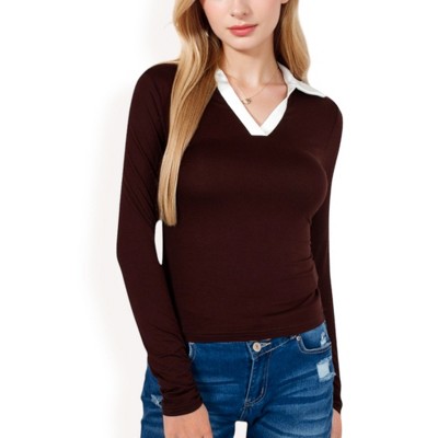 Anna-Kaci Women's Long Sleeve V-Neck Shirt with Contrast Collar