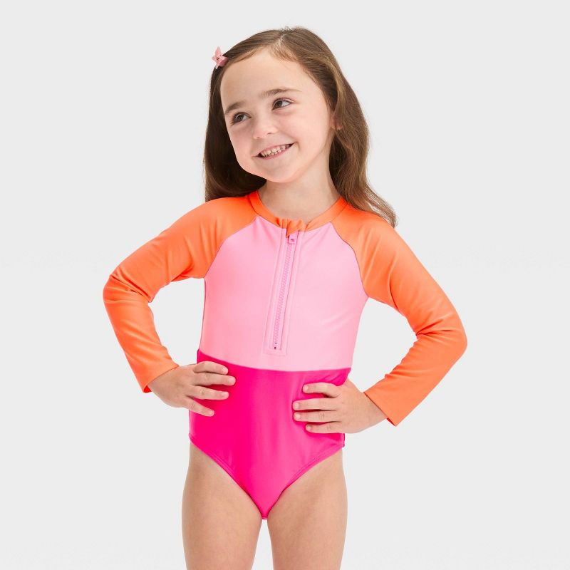 Toddler Girls' Long Sleeve Colorblock Rashguard One Piece Swimsuit - Cat & Jack™, 1 of 5