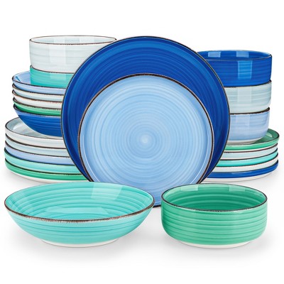 vancasso 24 Pieces Dinnerware Sets Blue Stoneware Dishes Set for 6 with Dinner/Dessert/Soup Plate And Bowl