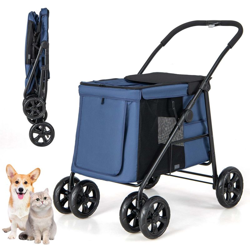 Petsite 4-Wheel Folding Pet Stroller with Breathable Mesh for Small & Medium Pets Blue/Gray, 1 of 11