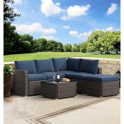 ELJGET 4 Piece Patio Furniture Set for 5 Person, Outdoor Sectional Sofa PE Rattan Conversation Set with Table & Thickened Cushions