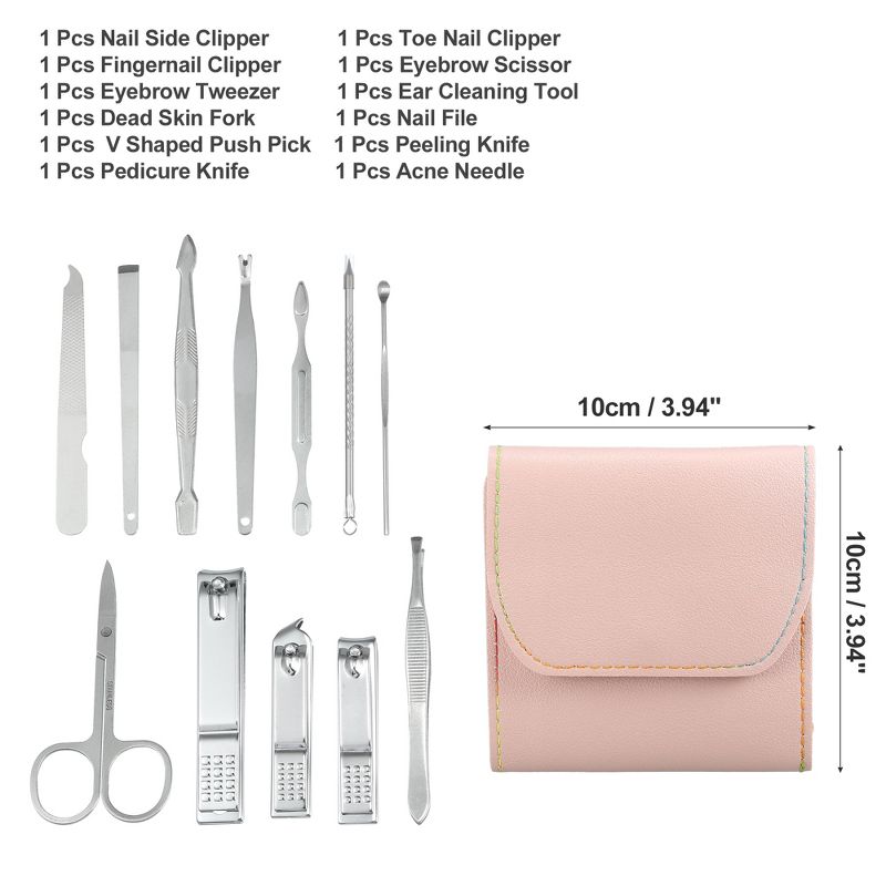 Unique Bargains Stainless Steel Pedicure Nail Clippers Scissors Set for Men Women Silver Tone with Pink PU Leather 12pcs, 2 of 4