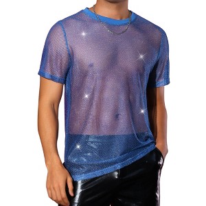 Lars Amadeus Men's Round Neck Short Sleeve Shiny See-Through Party Mesh Sheer T-Shirt - 1 of 4