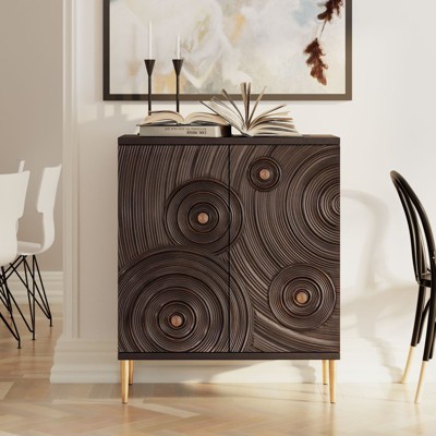 JIONJOY Distressed Black Farmhouse Storage Cabinet with Wood Grain & Gold Handles - 2-Door Boho Chic Sideboard for Bedroom or Living Room