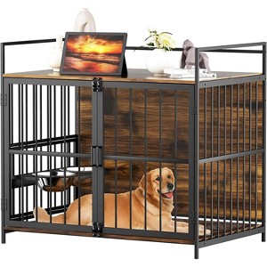 KTMBDW Furniture Style Large Dog Crate with 360¡ã & Adjustable Raised Feeder for Dogs 2 Stainless Steel Bowls -End Table House Pad, Indoor Use, Brown - 1 of 4