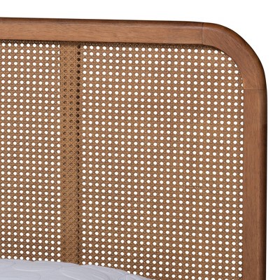 Queen Ash Walnut Wood Frame Platform Bed with Rattan Headboard