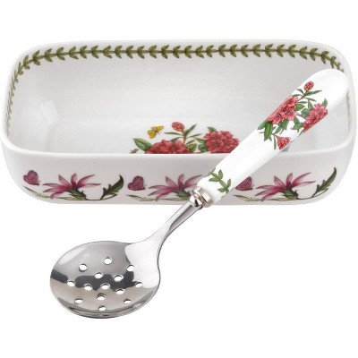 Portmeirion Botanic Garden Porcelain Cranberry Dish and Slotted Spoon, 2-Piece Set - Rhododendron Motif, Dish: 8 x 4.25 inch / Spoon: 4.25 inch