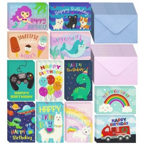 Pipilo Press 36 Pack Kids Birthday Cards Assortment with Colored Envelopes, Dinosaur, Mermaid, Narwhal, Caticorn Designs (4x6 In) - 1 of 4