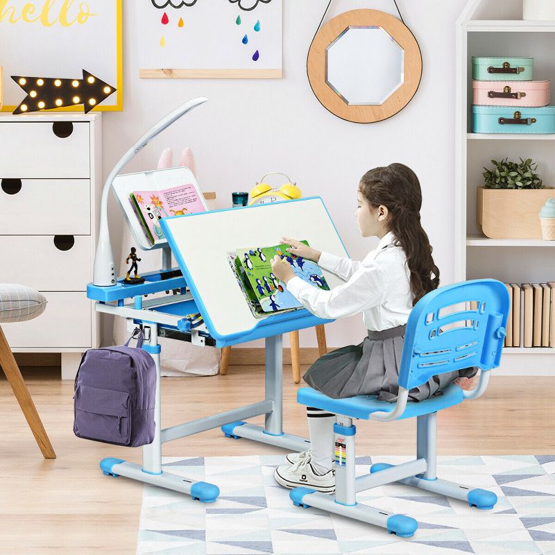 Costway Height Adjustable Kids Desk Chair Set Study Drawing w/Lamp & Bookstand, 4 of 11