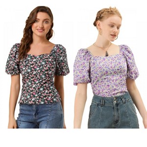 Allegra K Women's Puff Sleeve Square Neck Peasant Floral Blouse 2 Packs - 1 of 4