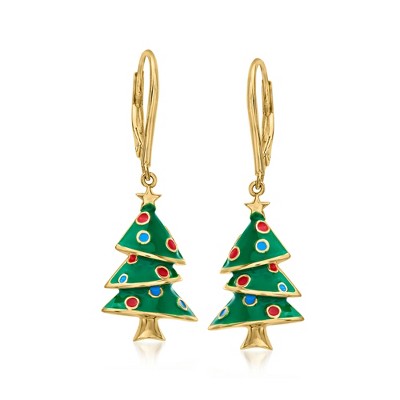 Ross-Simons Multicolored Enamel Christmas Tree Drop Earrings in 18kt Gold Over Sterling
