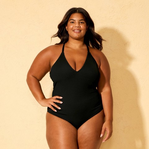 Женские купальники Shade & Shore Women's Ribbed Plunge Neck Cheeky Coverage One Piece Swimsuit - Shade & Shore™ Black M