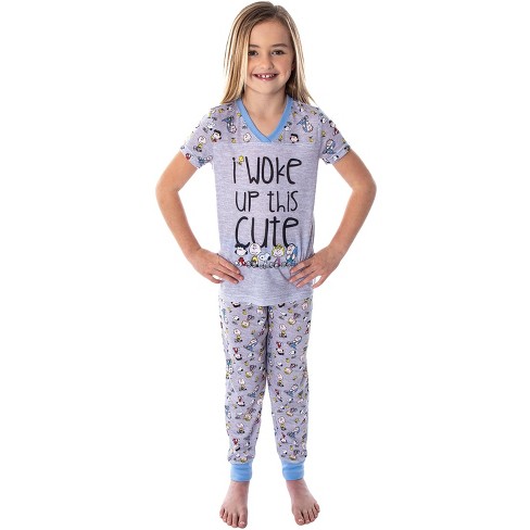 Peanuts Girls' Woke Up This Cute Pajamas Shirt And Pants Jogger Pajama Set  4/5 Grey
