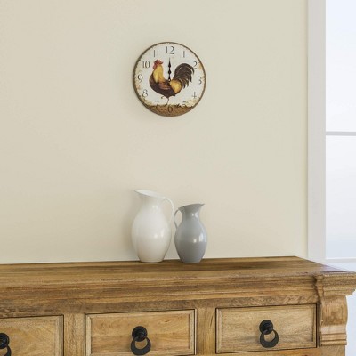 Circular Beige and Brown MDF Wall Clock with Rooster Print