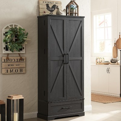 SinCiDo 72" Farmhouse Storage Cabinet, Kitchen Storage Upright Cabinet, w/ 2 Barn Doors & Adjustable Shelves, a Drawers,Multi Functional Large Cabinet