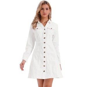 Allegra K Women's Button Down Collar V Neck Long Sleeve Faux Chest Pockets A-line Denim Dress White Small