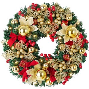 18" Battery Operated Pre-Lit Christmas Wreath, LED Artificial Pine with Berries & Gold Leaves for Front Door, Indoor & Outdoor Decor - 1 of 4