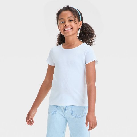 Детские Cat & Jack Girls' Short Sleeve Ribbed T-Shirt - Cat & Jack™ White M: Cotton Blend, Crew Neck, Pullover, Machine Washable