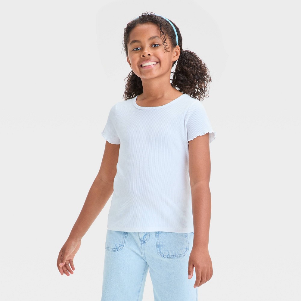 Girls' Short Sleeve Ribbed T-Shirt - Cat & Jack™ White S: Crew Neck, Pullover