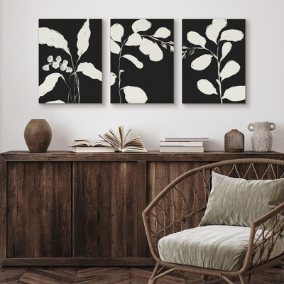 Americanflat Botanical Canvas Wall Art Featuring Cream Leaf Silhouettes - Black Background - Set of 3 - Gallery Wrap - Modern Wall Art