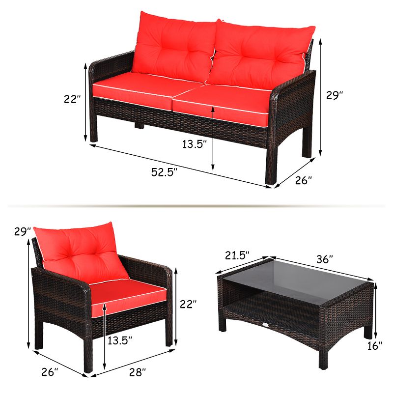 Costway 4PCS Patio Rattan Furniture Set Loveseat Sofa Coffee Table Garden W/Red Cushion, 3 of 11