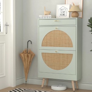 Brafab Shoe Storage Cabinet with 2 Flip Drawers and Open Shelf Natural Rattan Narrow Slim Shoe Organizer Rack Wooden with Metal Legs - 1 of 4