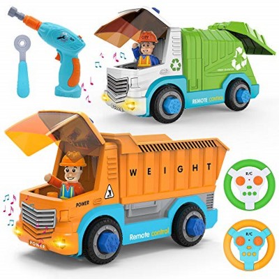 SYNCFUN Remote Control Take Apart Construction & Garbage Truck with Lights,  Sounds and Drill for Kids STEM Assembly Vehicle Toy City Collection Gift