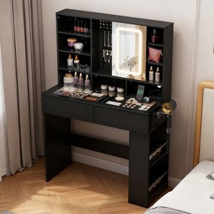 White 2-drawer 3-compartment Left-right 3-tier Shelf, Glass Tabletop, Side Panel Storage Style Dressing Table - 1 of 4