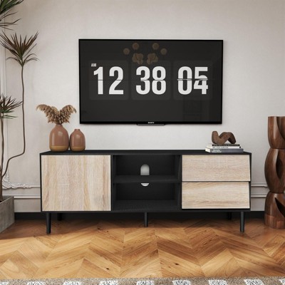 Hotraffy TV Stand up to 70+ inch, Mid Century Modern Entertainment Center with 2 Drawers
