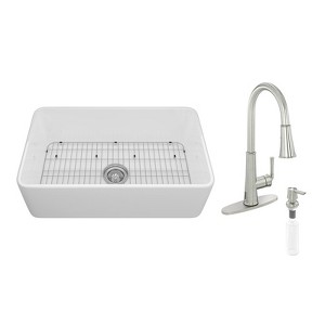 CASAINC 30'' Rectangular Single Basin Fireclay Farmhouse Apron Kitchen Sink with Faucet and Accessories All-in-one Kit, Glossy White - 1 of 4