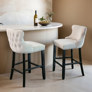 Leovsnove Counter Height Bar Stools Set of 2, 27" Velvet Bar Stools with Button Back and Nailhead Trim, Upholstered Bar Stool with Wooden Legs - 1 of 4