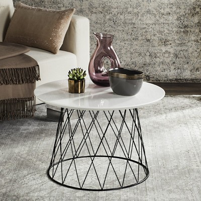 24" Transitional White & Wood Round End Table with Metal Base