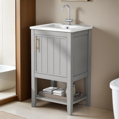 20" Bathroom Vanity Cabinet with Ceramic Sink Top Set,Freestanding, Two-Tier Storage Rack, Soft Closing Door - Leovsnove