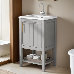 20" Bathroom Vanity Cabinet with Ceramic Sink Top Set,Freestanding, Two-Tier Storage Rack, Soft Closing Door - Leovsnove - 1 of 4