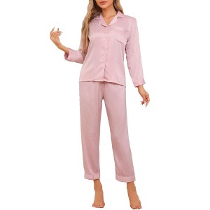 cheibear Women's Long Sleeve Button Down Notched Collar Soft Pajamas Set - 1 of 4