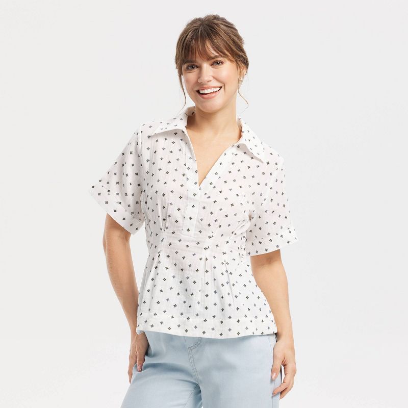 Women's Dolman Short Sleeve Collared V-Neck Top - Universal Thread™ Beige Floral XS: Cottagecore