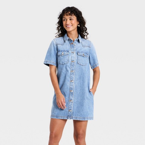 Женские платья Universal Thread Women's Short Sleeve Denim Mini Shirtdress - Universal Thread™ Medium Wash M