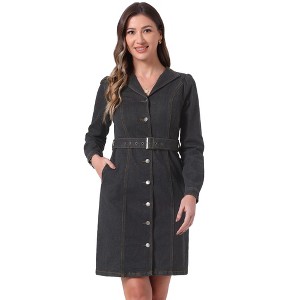 INSPIRE CHIC Women's Winter Long Sleeve Vintage Button Down Denim Shirt Dresses with Belt - 1 of 4