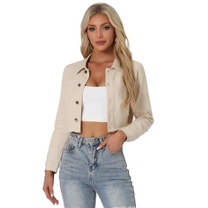 Allegra K Women's Turn Down Frayed Button Down Washed Cropped Denim Jacket - 1 of 4