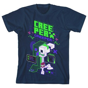Minecraft Creeper Distortion Clash Trend Boy's Navy Blue T-shirt - 1 of 3