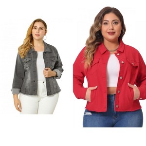 Women's Plus Size 2 Pieces Classic Denim Front Frayed Casual Long Sleeve Fashion Jean Jackets - Agnes Orinda - 1 of 4