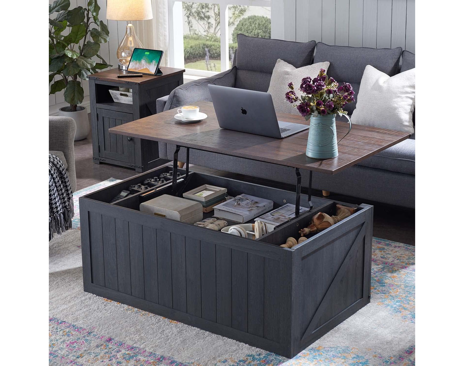 Farmhouse 48" Lift Top Coffee Table with Sliding Groove Barn Door, Coffee Table for Living Room, Gray