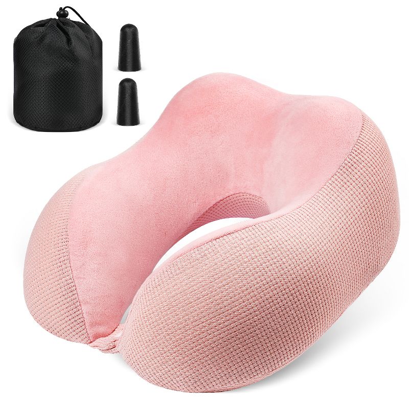 Fosmon Neck Pillows for Travel Pillow, Travel Neck Pillow Airplane, Foldable Memory Foam Neck Pillow for Car Travel Sleeping with Ear Plugs, Pink