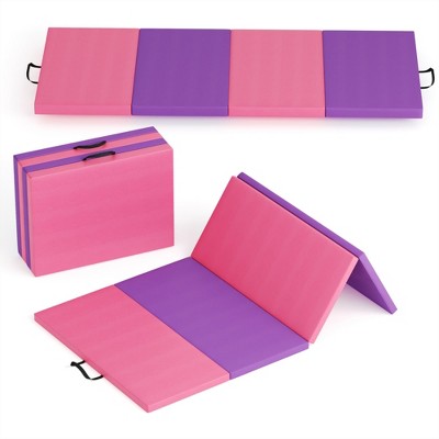4 Pads Folding Gymnastics Mat&Yoga mat,Portable Home Gym Floor Pad for for Pilates, Aerobics, and Martial Arts Fitness Training，Pinkish purple
