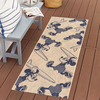Disney Mickey Mouse Surfing Coastal Graphic Navy Blue Beige Flatweave Indoor Outdoor Area Rug