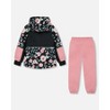 Deux par Deux Girl Two-Piece Mid-Season Outerwear Set Pink, Black, and Flowers - 3 of 4